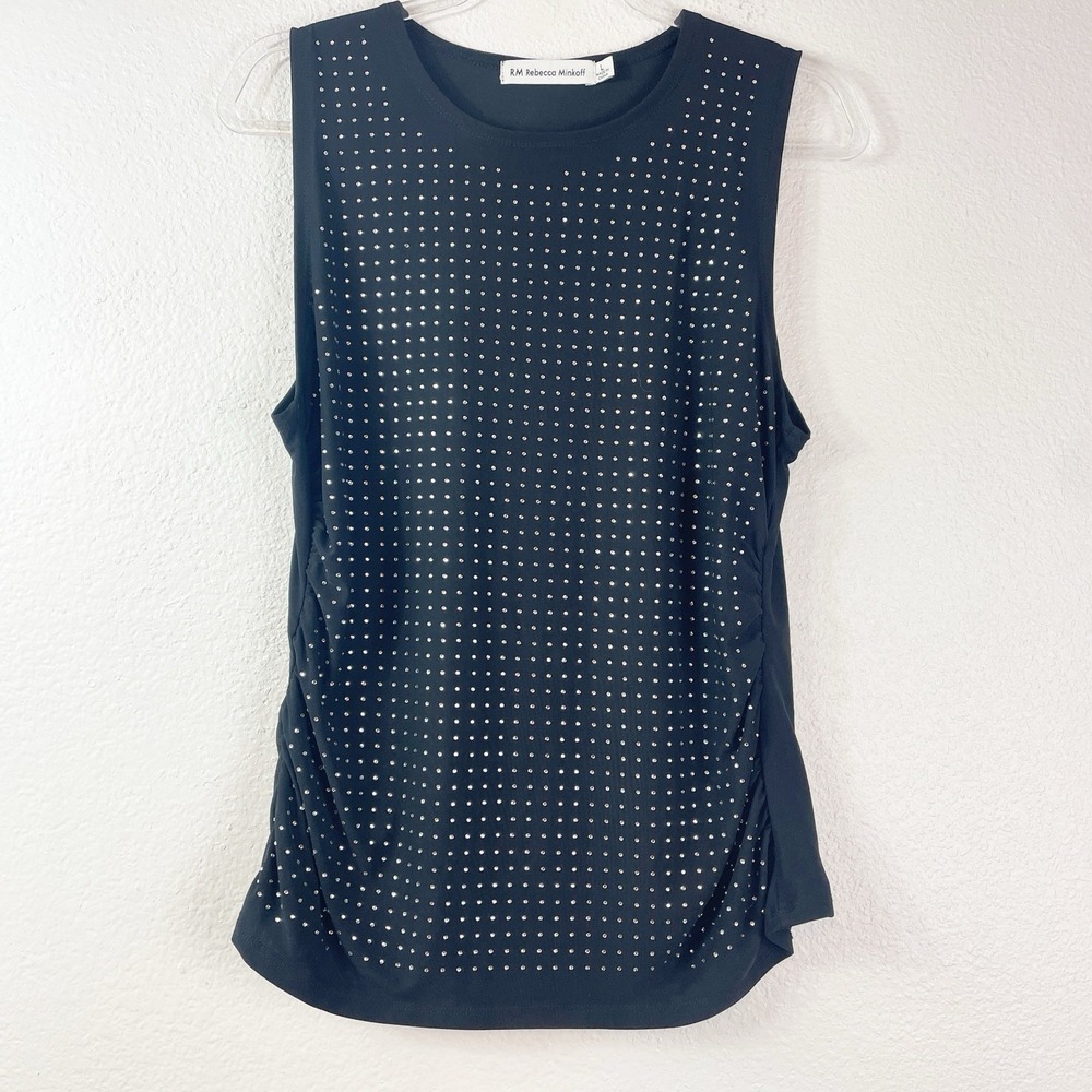 RM Rebecca‎ Minkoff Studded Rhinestone Sleeveless Top L Black Ruched Blouse Edgy